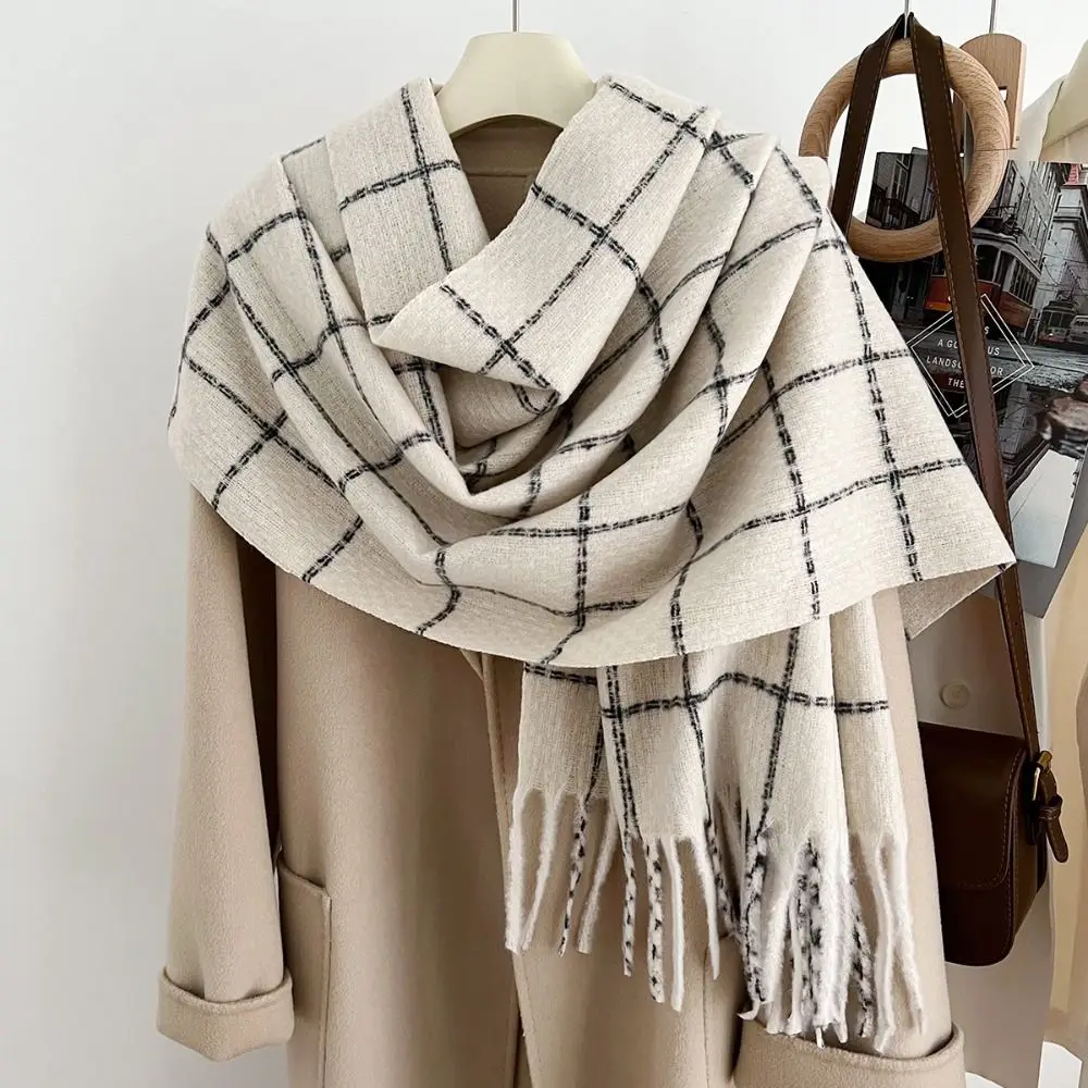 Tassel Plaid Wool Scarf Cashmere Shawl Solid Color Long Shawl Korean Style Scarves Wool Scarves Winter Cashmere Scarves Student