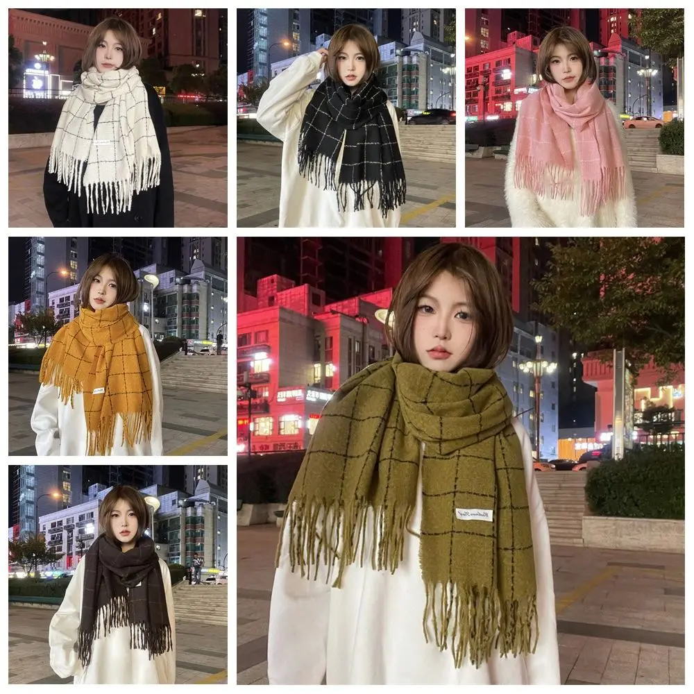 Tassel Plaid Wool Scarf Cashmere Shawl Solid Color Long Shawl Korean Style Scarves Wool Scarves Winter Cashmere Scarves Student