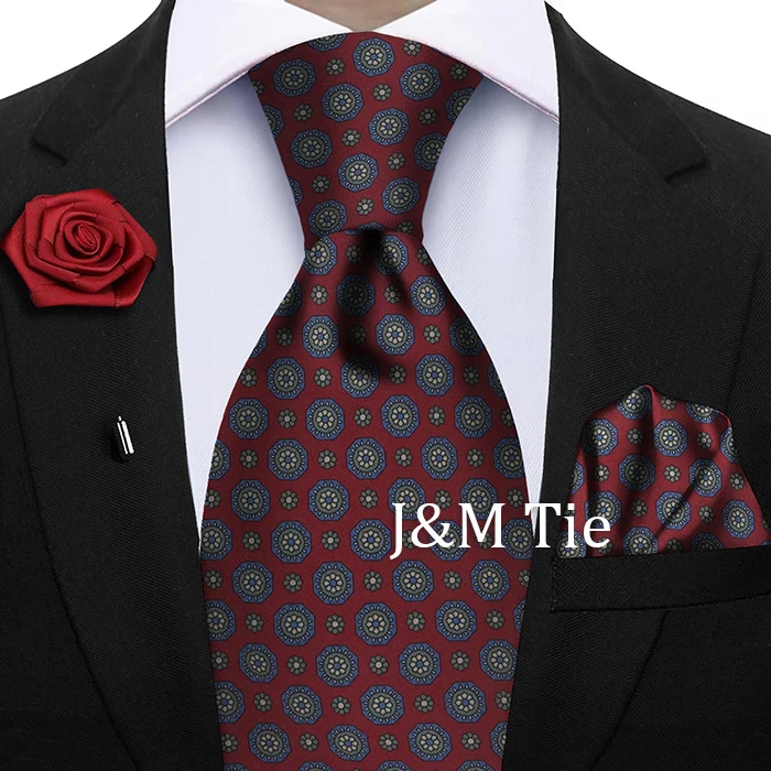 Luxury Soft Silk Mens Ties Floral Brown Green Red Ties Paisley NeckTie Pocket Square Brooch Set Men's Wedding Party Tie