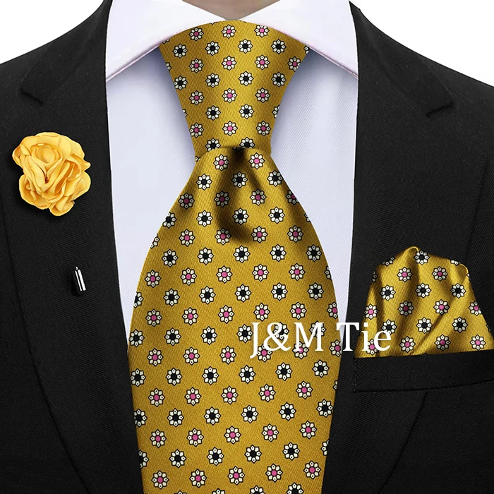 Luxury Soft Silk Mens Ties Floral Brown Green Red Ties Paisley NeckTie Pocket Square Brooch Set Men's Wedding Party Tie