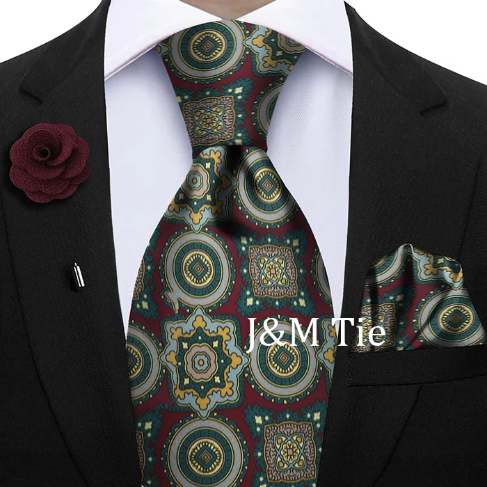 Luxury Soft Silk Mens Ties Floral Brown Green Red Ties Paisley NeckTie Pocket Square Brooch Set Men's Wedding Party Tie