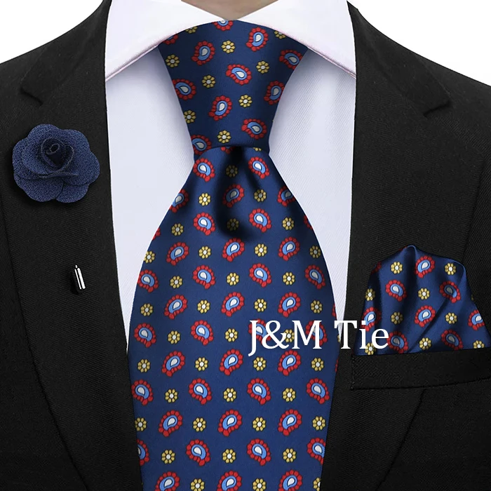 Luxury Soft Silk Mens Ties Floral Brown Green Red Ties Paisley NeckTie Pocket Square Brooch Set Men's Wedding Party Tie