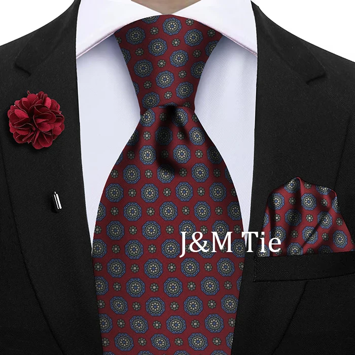 Luxury Soft Silk Mens Ties Floral Brown Green Red Ties Paisley NeckTie Pocket Square Brooch Set Men's Wedding Party Tie