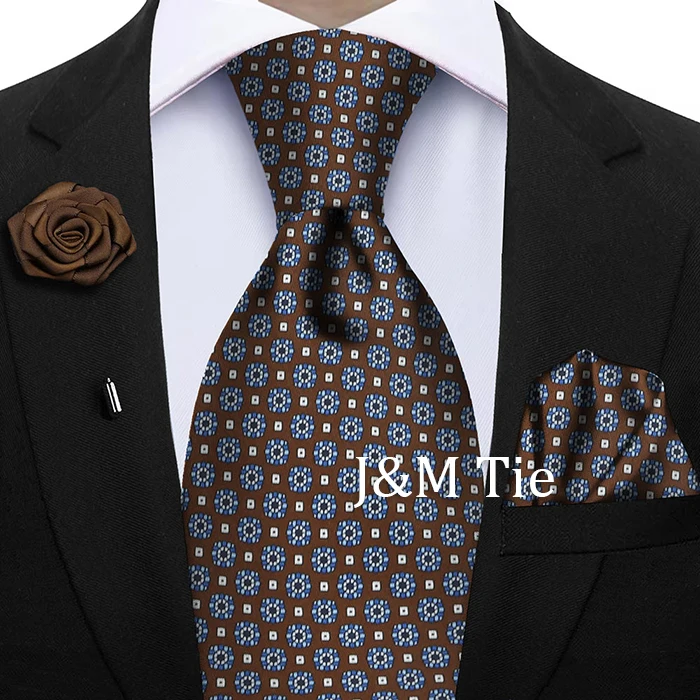Luxury Soft Silk Mens Ties Floral Brown Green Red Ties Paisley NeckTie Pocket Square Brooch Set Men's Wedding Party Tie