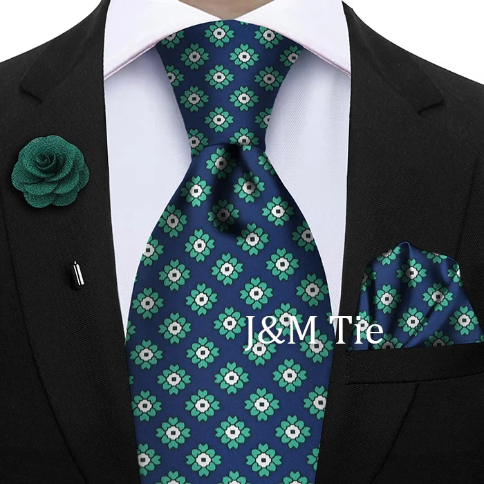 Luxury Soft Silk Mens Ties Floral Brown Green Red Ties Paisley NeckTie Pocket Square Brooch Set Men's Wedding Party Tie