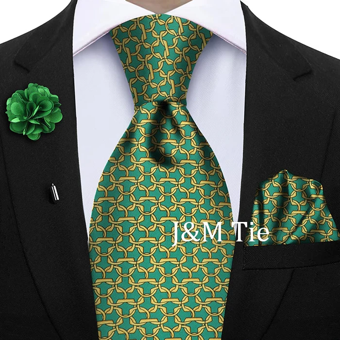 Luxury Soft Silk Mens Ties Floral Brown Green Red Ties Paisley NeckTie Pocket Square Brooch Set Men's Wedding Party Tie