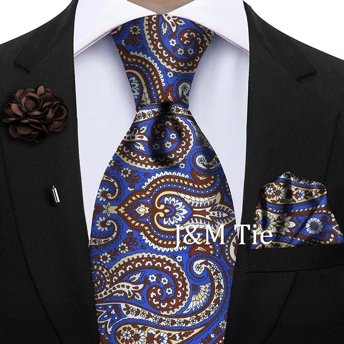 Luxury Soft Silk Mens Ties Floral Brown Green Red Ties Paisley NeckTie Pocket Square Brooch Set Men's Wedding Party Tie