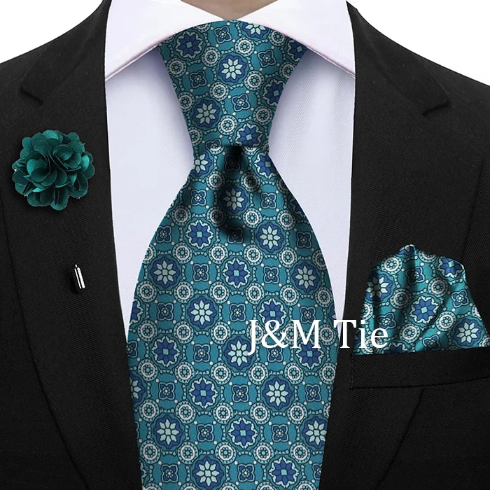Luxury Soft Silk Mens Ties Floral Brown Green Red Ties Paisley NeckTie Pocket Square Brooch Set Men's Wedding Party Tie