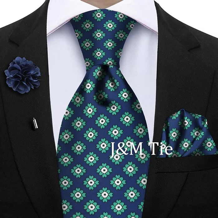 Luxury Soft Silk Mens Ties Floral Brown Green Red Ties Paisley NeckTie Pocket Square Brooch Set Men's Wedding Party Tie