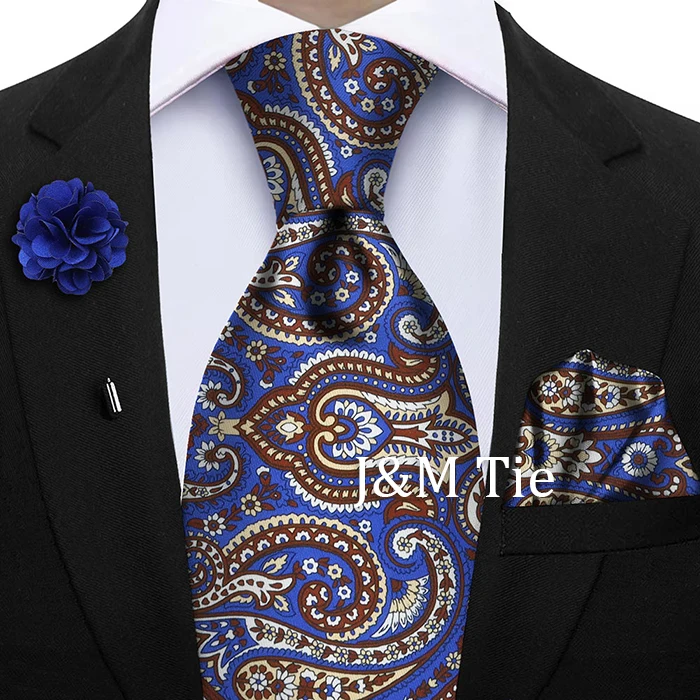 Luxury Soft Silk Mens Ties Floral Brown Green Red Ties Paisley NeckTie Pocket Square Brooch Set Men's Wedding Party Tie