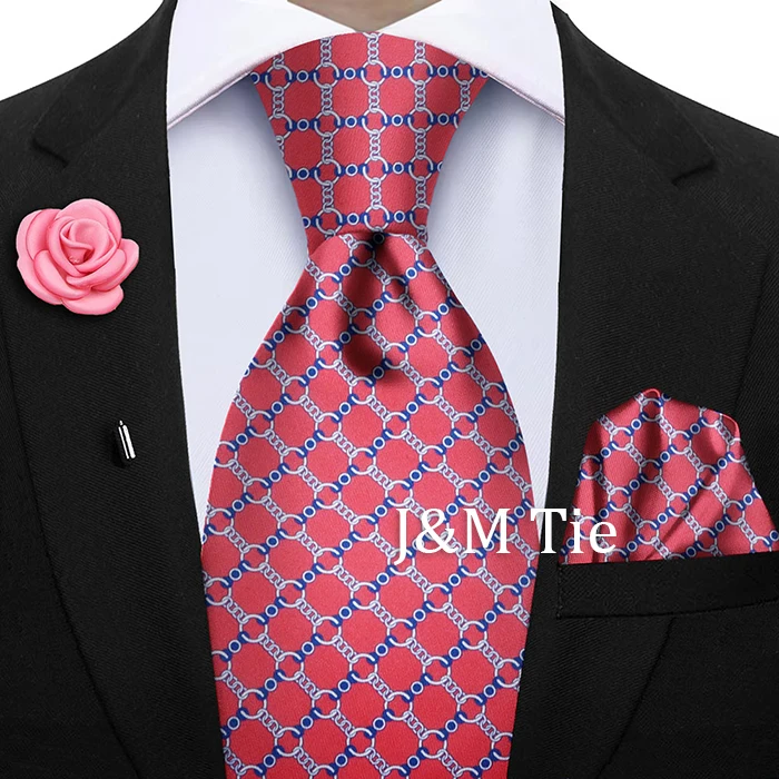 Luxury Soft Silk Mens Ties Floral Brown Green Red Ties Paisley NeckTie Pocket Square Brooch Set Men's Wedding Party Tie
