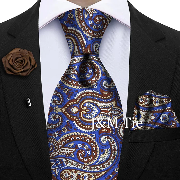 Luxury Soft Silk Mens Ties Floral Brown Green Red Ties Paisley NeckTie Pocket Square Brooch Set Men's Wedding Party Tie
