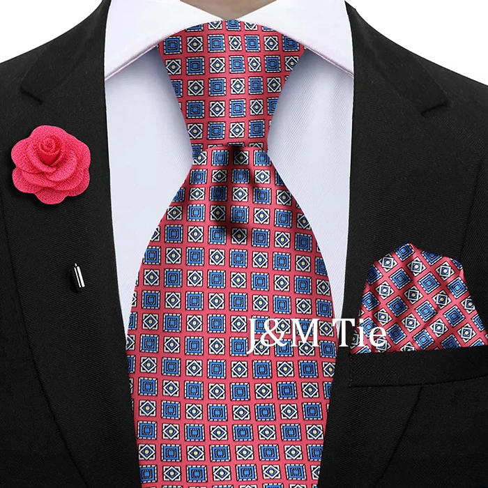 Luxury Soft Silk Mens Ties Floral Brown Green Red Ties Paisley NeckTie Pocket Square Brooch Set Men's Wedding Party Tie