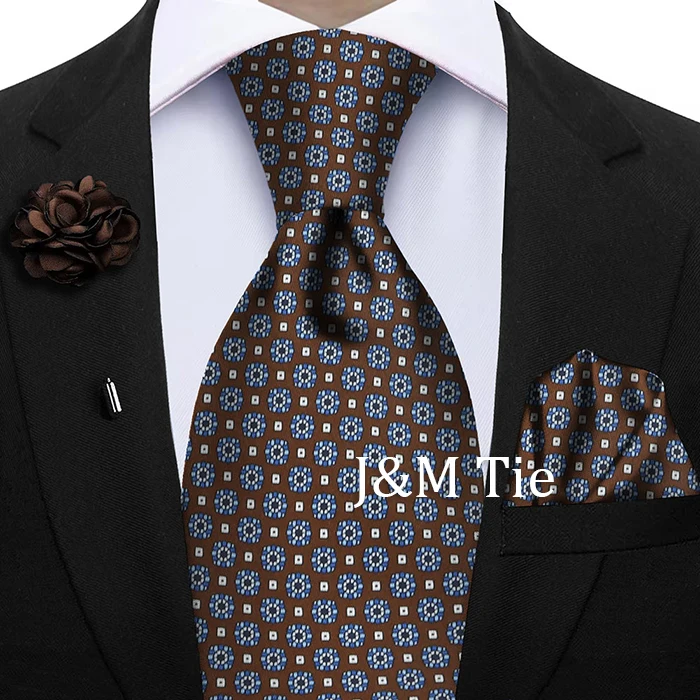 Luxury Soft Silk Mens Ties Floral Brown Green Red Ties Paisley NeckTie Pocket Square Brooch Set Men's Wedding Party Tie