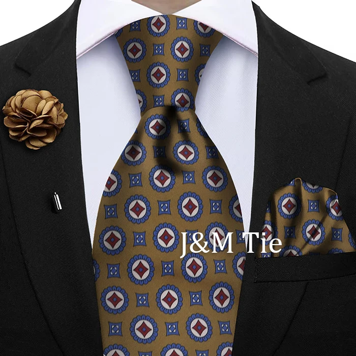Luxury Soft Silk Mens Ties Floral Brown Green Red Ties Paisley NeckTie Pocket Square Brooch Set Men's Wedding Party Tie