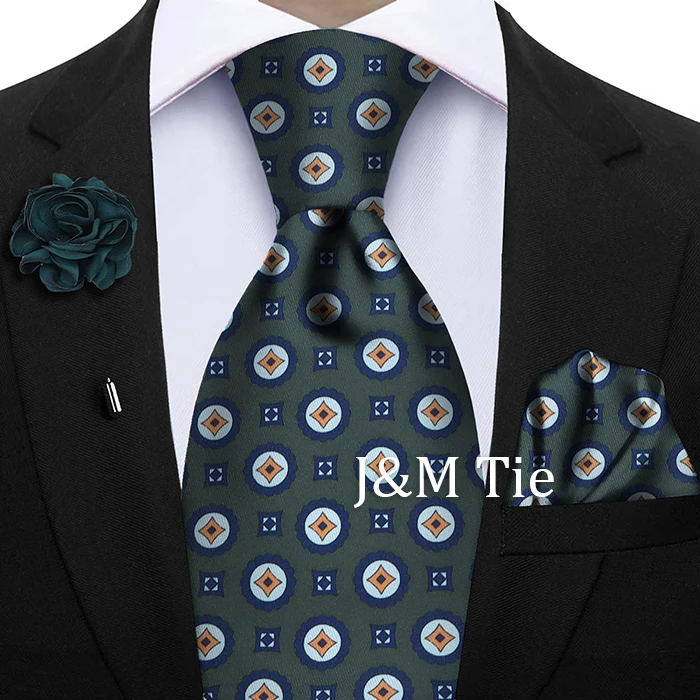 Luxury Soft Silk Mens Ties Floral Brown Green Red Ties Paisley NeckTie Pocket Square Brooch Set Men's Wedding Party Tie