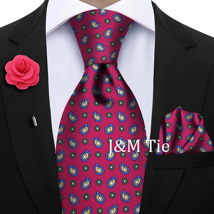 Luxury Soft Silk Mens Ties Floral Brown Green Red Ties Paisley NeckTie Pocket Square Brooch Set Men's Wedding Party Tie