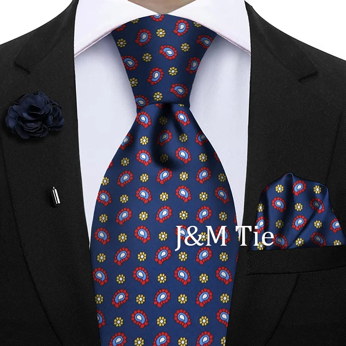 Luxury Soft Silk Mens Ties Floral Brown Green Red Ties Paisley NeckTie Pocket Square Brooch Set Men's Wedding Party Tie