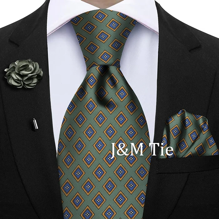 Luxury Soft Silk Mens Ties Floral Brown Green Red Ties Paisley NeckTie Pocket Square Brooch Set Men's Wedding Party Tie