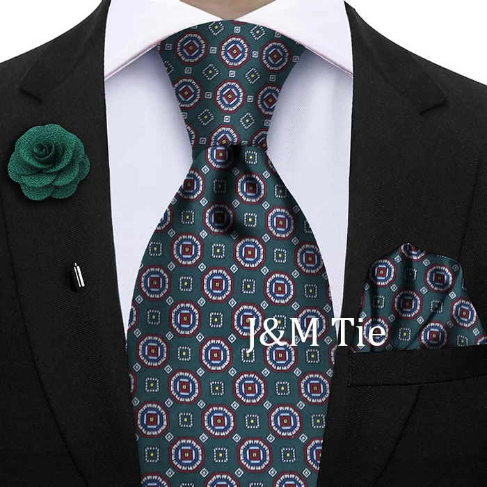 Luxury Soft Silk Mens Ties Floral Brown Green Red Ties Paisley NeckTie Pocket Square Brooch Set Men's Wedding Party Tie