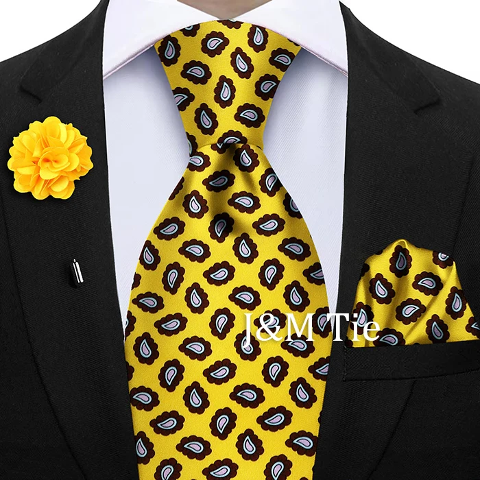 Luxury Soft Silk Mens Ties Floral Brown Green Red Ties Paisley NeckTie Pocket Square Brooch Set Men's Wedding Party Tie