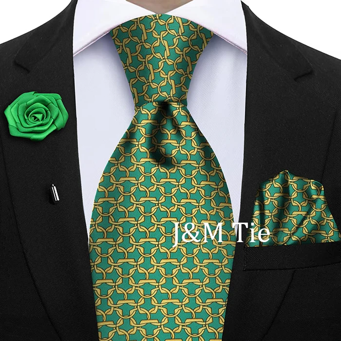 Luxury Soft Silk Mens Ties Floral Brown Green Red Ties Paisley NeckTie Pocket Square Brooch Set Men's Wedding Party Tie