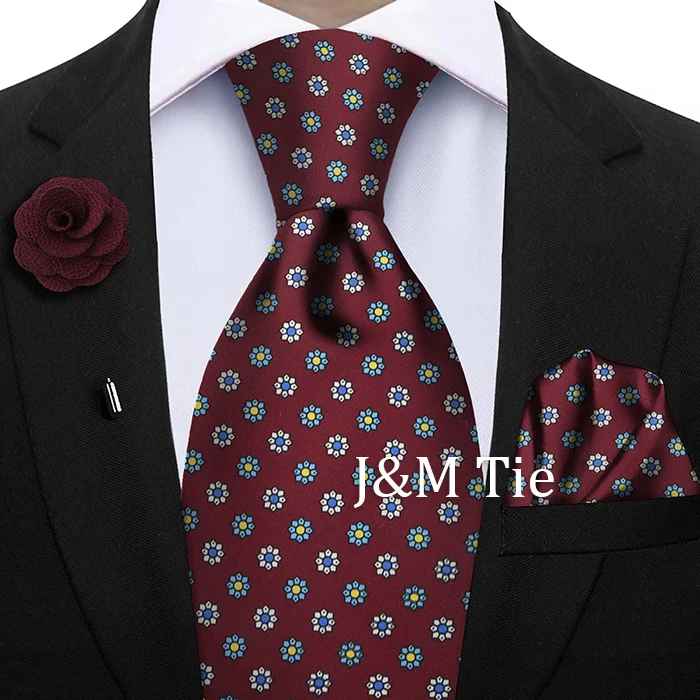 Luxury Soft Silk Mens Ties Floral Brown Green Red Ties Paisley NeckTie Pocket Square Brooch Set Men's Wedding Party Tie
