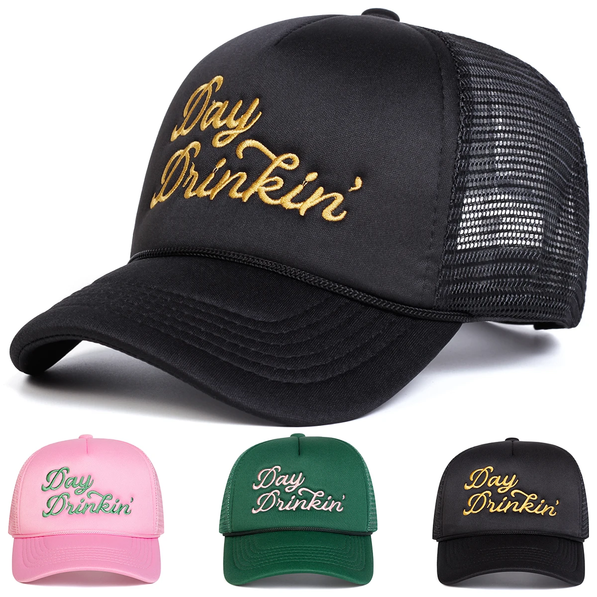 Unisex DAY DRINKIN Letter Embroidery Baseball Net Caps Spring and Summer Outdoor Adjustable Casual Hats Sunscreen Hat Sports Cap
