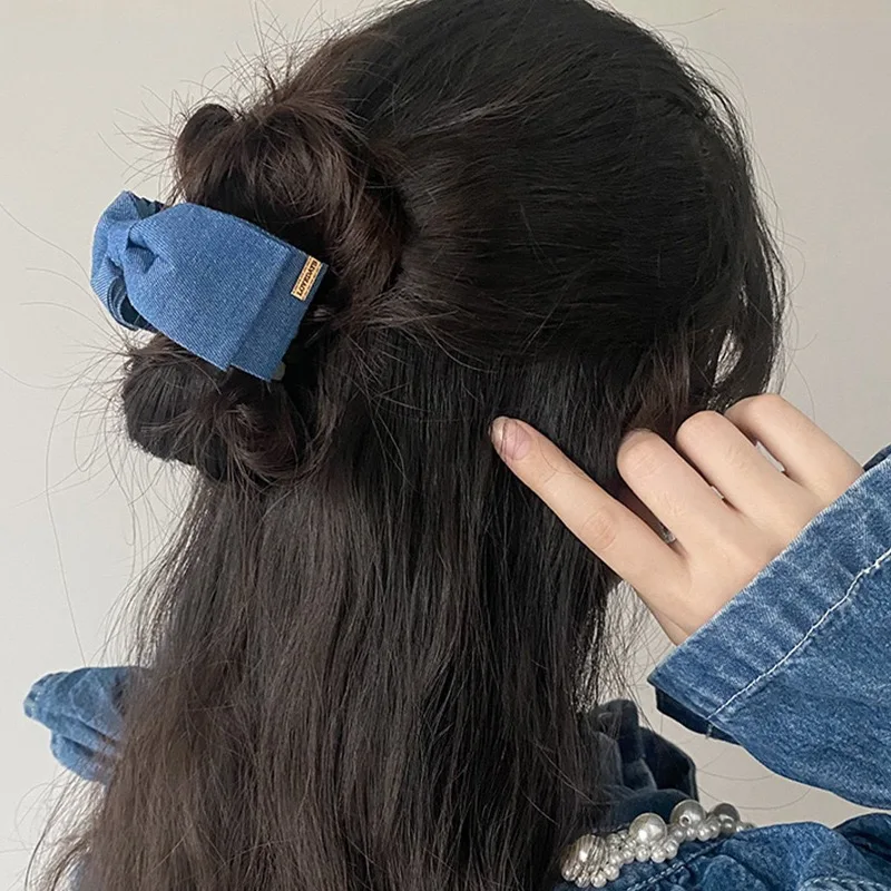 1PC Denim Fabric Hair Clip Bow Clip, Women's Elegance Back of the Head Updo Grip Clip Elegant Shark Clip Hairpin Headpiece