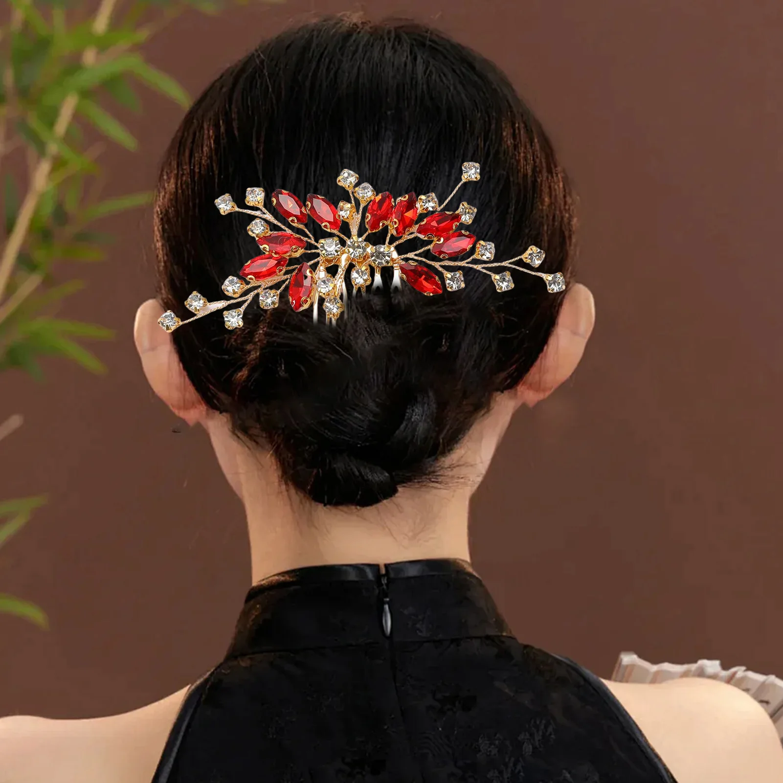 Green/Red Rhinestone Leaf Hair Combs Gold/Silver Color Alloy Hair Clips Light Luxury Bride Wedding Headpieces Elegant Hairpins