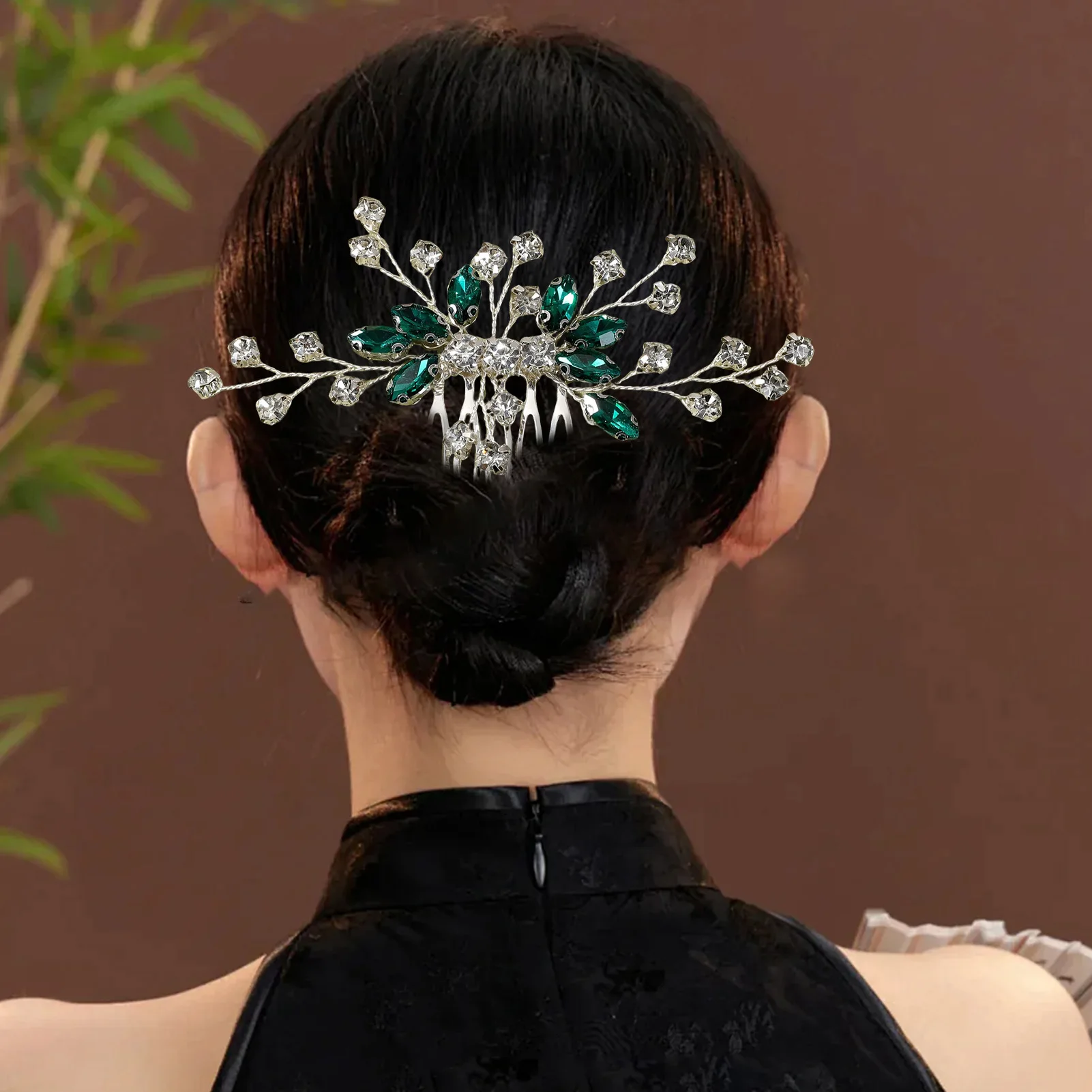 Green/Red Rhinestone Leaf Hair Combs Gold/Silver Color Alloy Hair Clips Light Luxury Bride Wedding Headpieces Elegant Hairpins