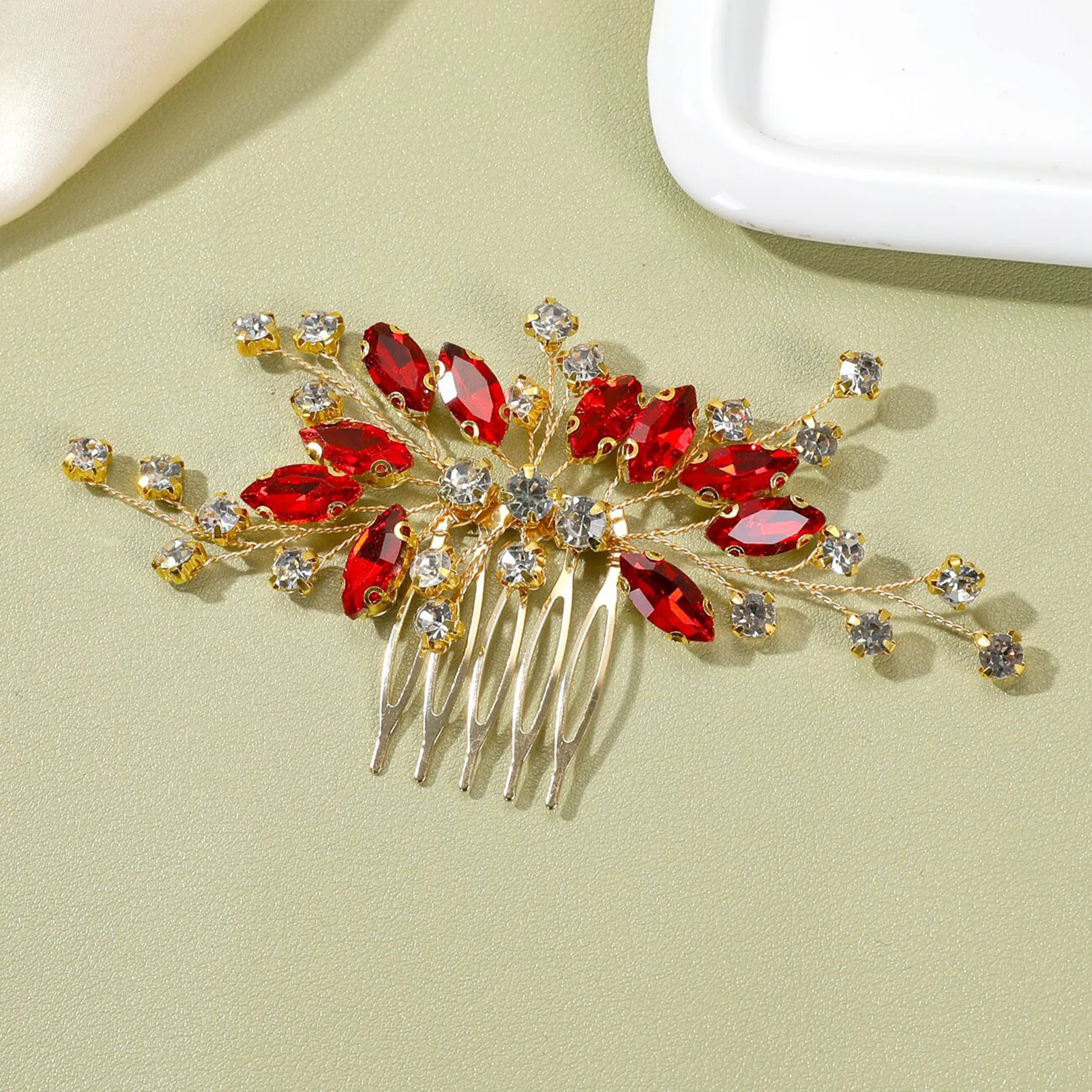 Green/Red Rhinestone Leaf Hair Combs Gold/Silver Color Alloy Hair Clips Light Luxury Bride Wedding Headpieces Elegant Hairpins