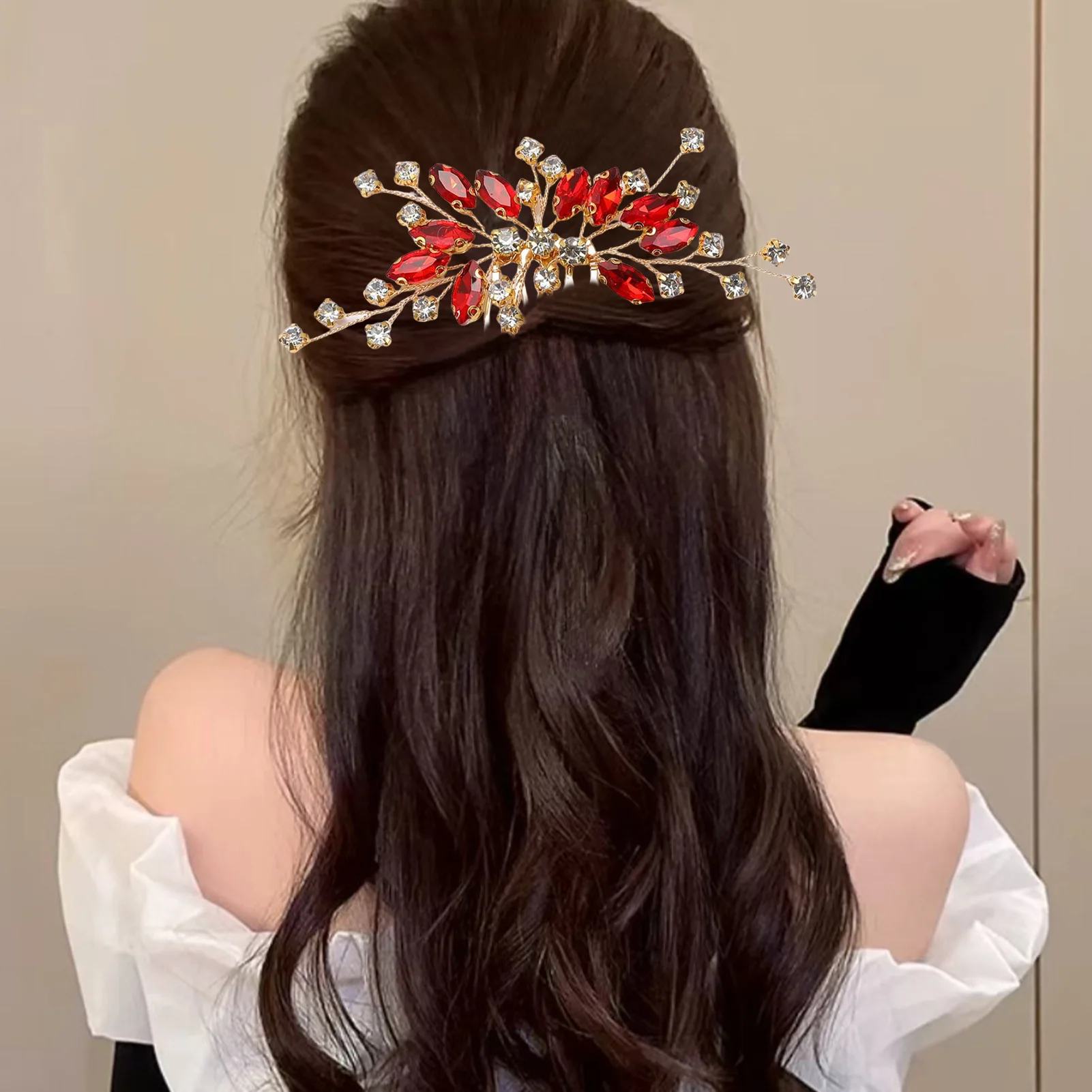 Green/Red Rhinestone Leaf Hair Combs Gold/Silver Color Alloy Hair Clips Light Luxury Bride Wedding Headpieces Elegant Hairpins