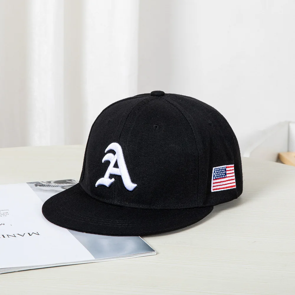 Hip-hop style baseball cap with a flat top, color patching, letter embroidery. Suitable for both women and men