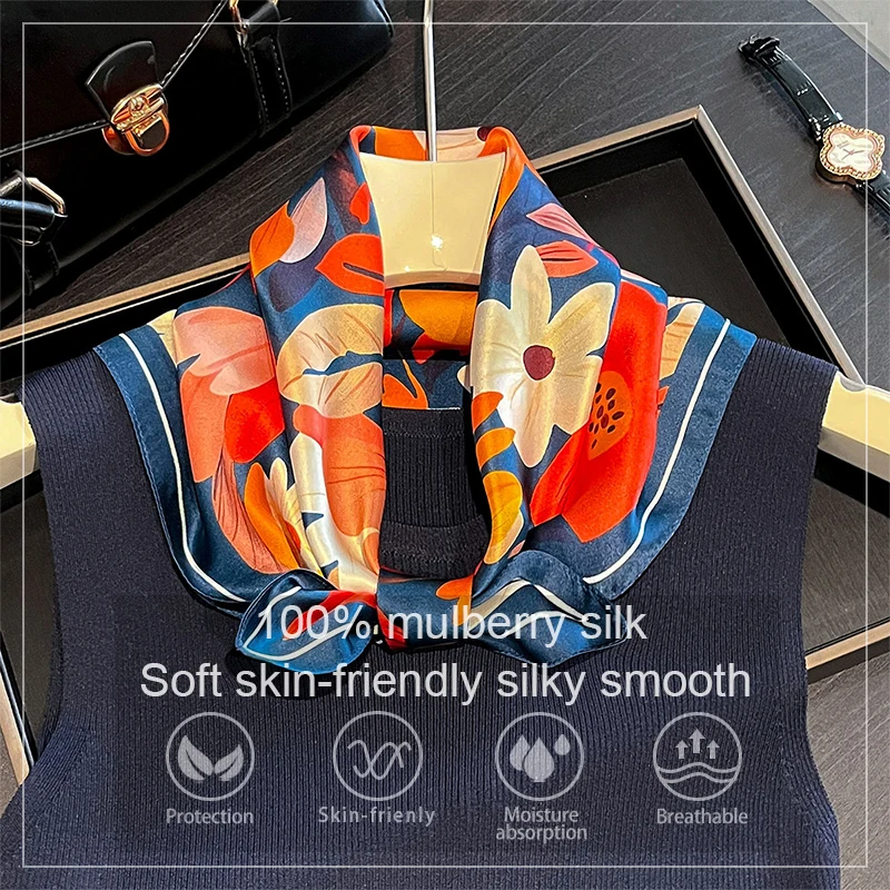 Luxury 100% Real Silk Scarf Women Spring Floral Bandana Shawl Lady Mulberry Silk Neckerchief Handkerchief Female Wrap 53cm