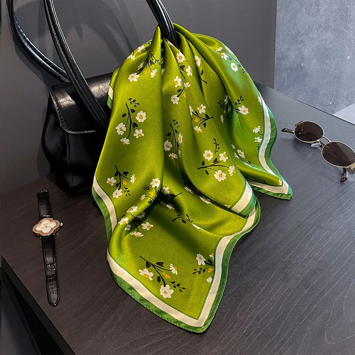 Luxury 100% Real Silk Scarf Women Spring Floral Bandana Shawl Lady Mulberry Silk Neckerchief Handkerchief Female Wrap 53cm