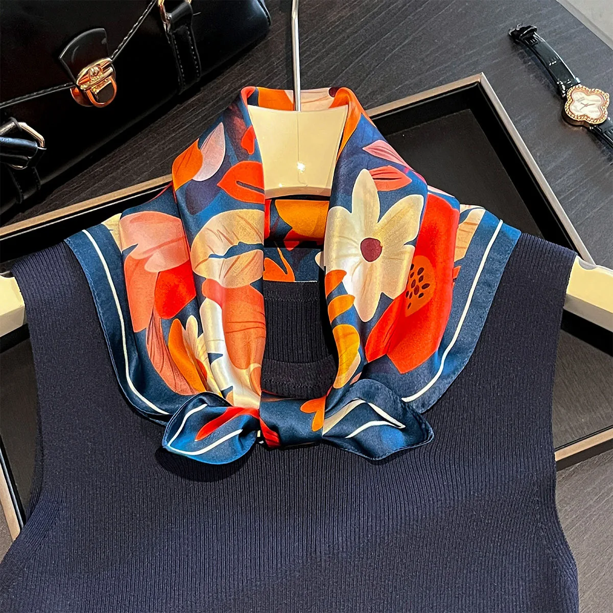 Luxury 100% Real Silk Scarf Women Spring Floral Bandana Shawl Lady Mulberry Silk Neckerchief Handkerchief Female Wrap 53cm