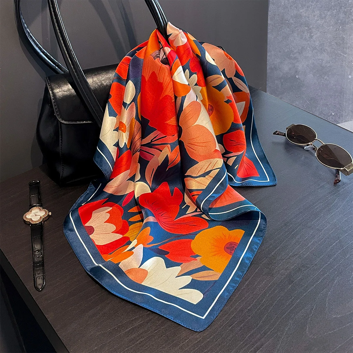 Luxury 100% Real Silk Scarf Women Spring Floral Bandana Shawl Lady Mulberry Silk Neckerchief Handkerchief Female Wrap 53cm