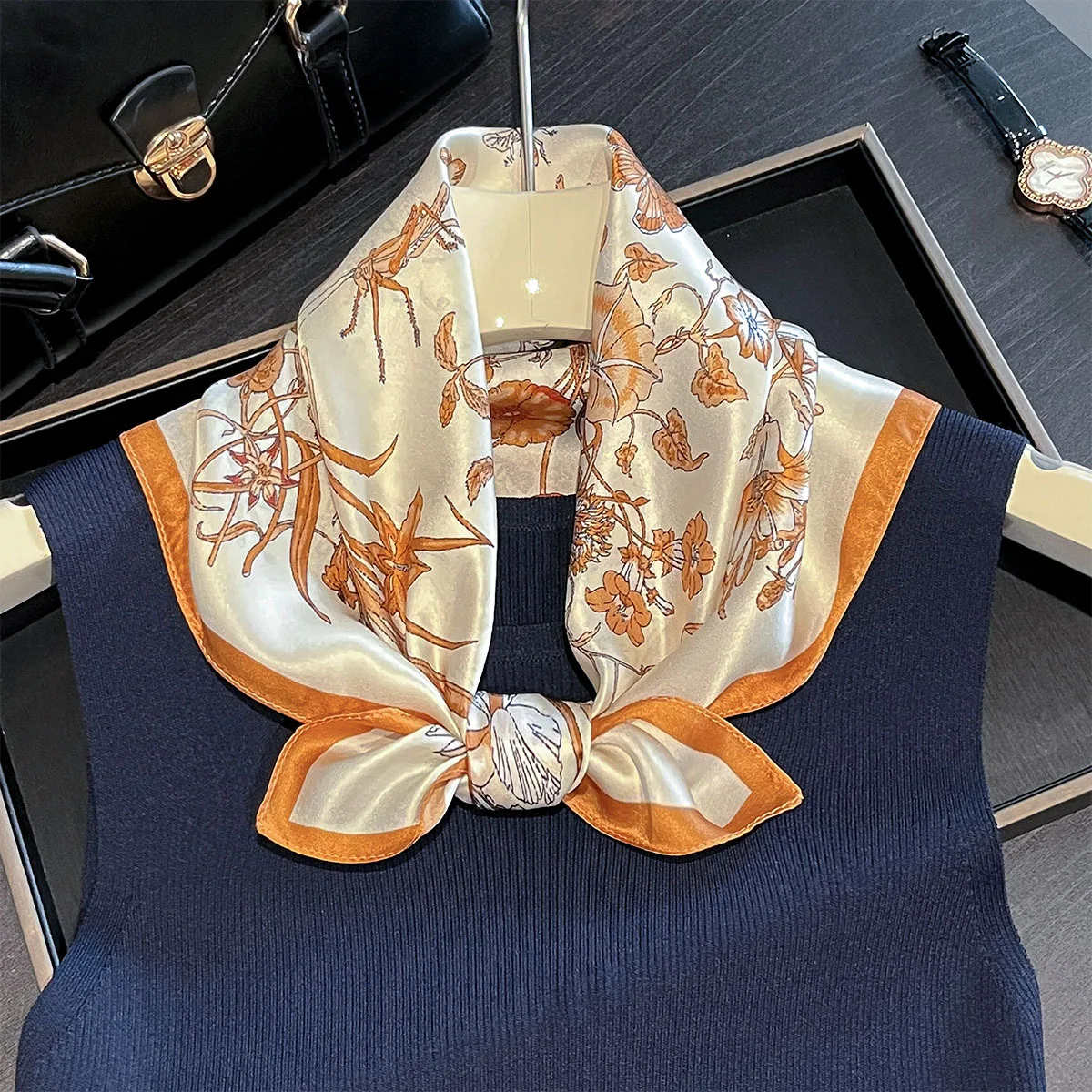 Luxury 100% Real Silk Scarf Women Spring Floral Bandana Shawl Lady Mulberry Silk Neckerchief Handkerchief Female Wrap 53cm