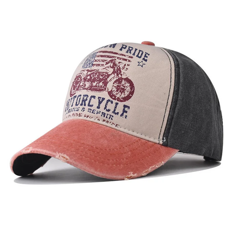 Motorcycle Sun Hat Graffiti Print Baseball Washed Vintage Cap Color-block Baseball Wide Brim Hat Duckbill Cap
