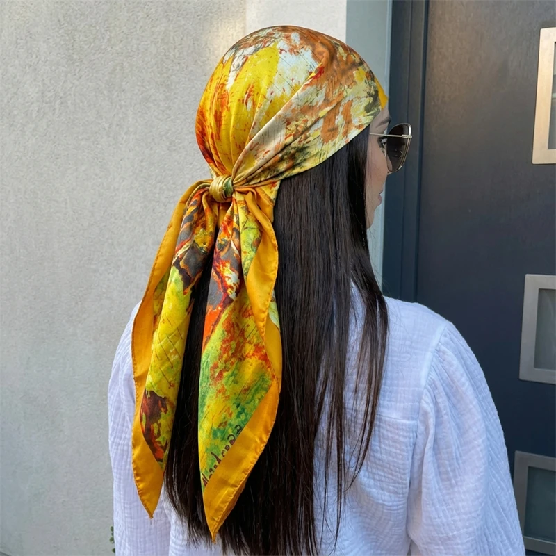 Luxury Brand Silk Satin Square Scarf Women Hijab Bandana Muslim Headscarves Shawl Wrap Ladies Headband Neckerchief Foulard 90cm