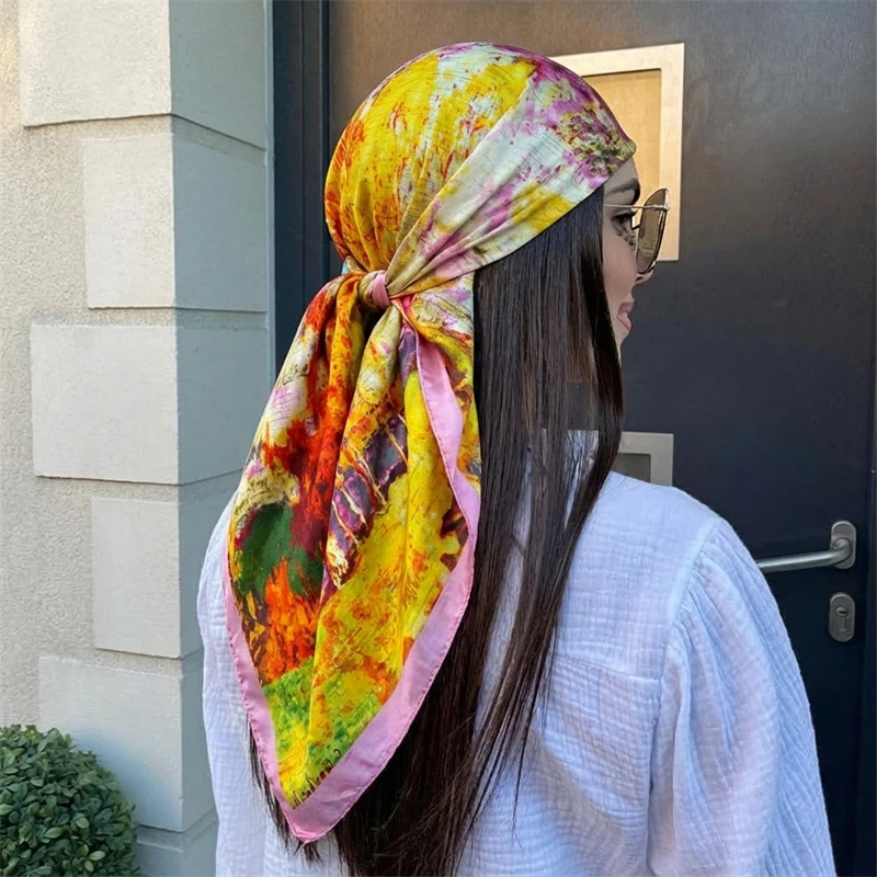 Luxury Brand Silk Satin Square Scarf Women Hijab Bandana Muslim Headscarves Shawl Wrap Ladies Headband Neckerchief Foulard 90cm