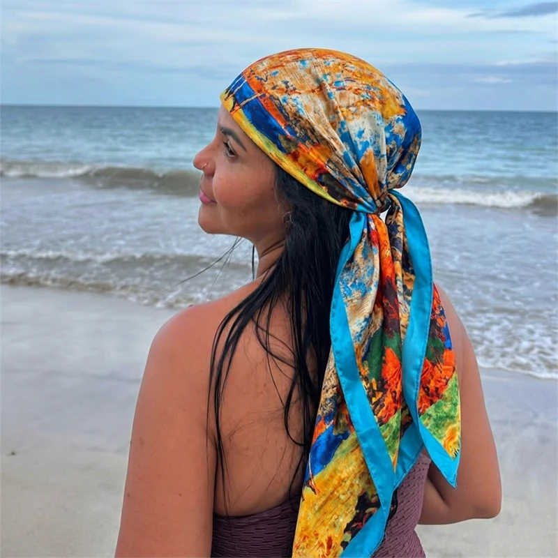 Luxury Brand Silk Satin Square Scarf Women Hijab Bandana Muslim Headscarves Shawl Wrap Ladies Headband Neckerchief Foulard 90cm