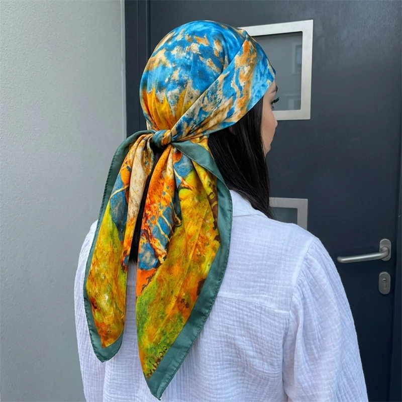 Luxury Brand Silk Satin Square Scarf Women Hijab Bandana Muslim Headscarves Shawl Wrap Ladies Headband Neckerchief Foulard 90cm