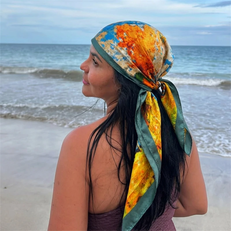 Luxury Brand Silk Satin Square Scarf Women Hijab Bandana Muslim Headscarves Shawl Wrap Ladies Headband Neckerchief Foulard 90cm