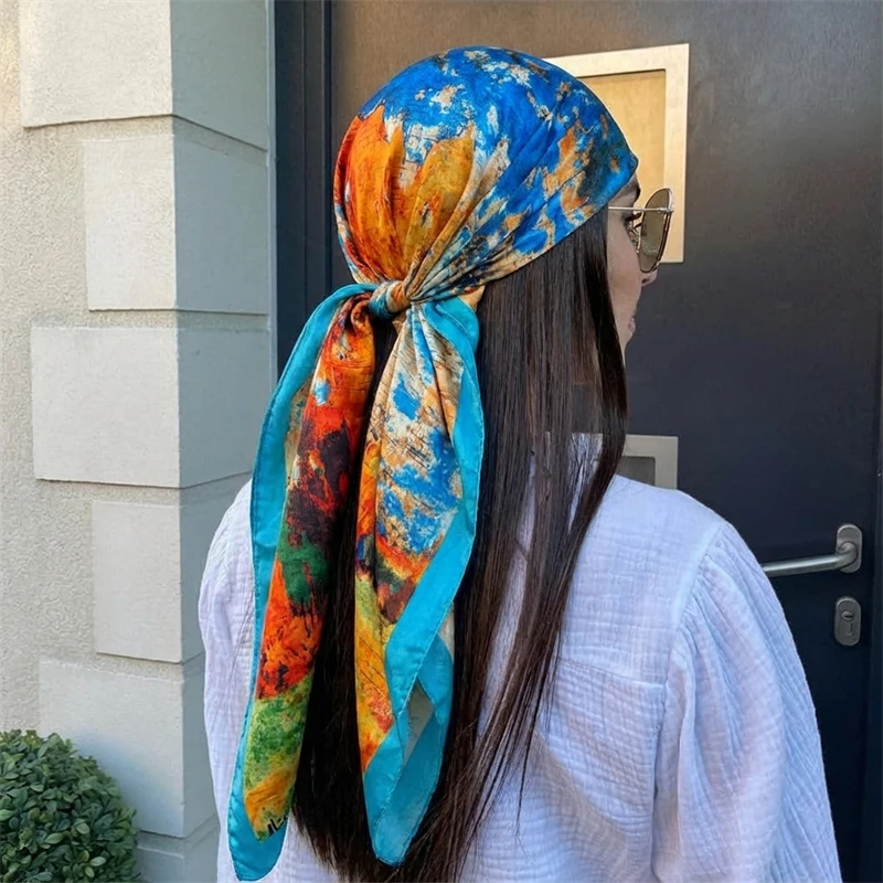 Luxury Brand Silk Satin Square Scarf Women Hijab Bandana Muslim Headscarves Shawl Wrap Ladies Headband Neckerchief Foulard 90cm