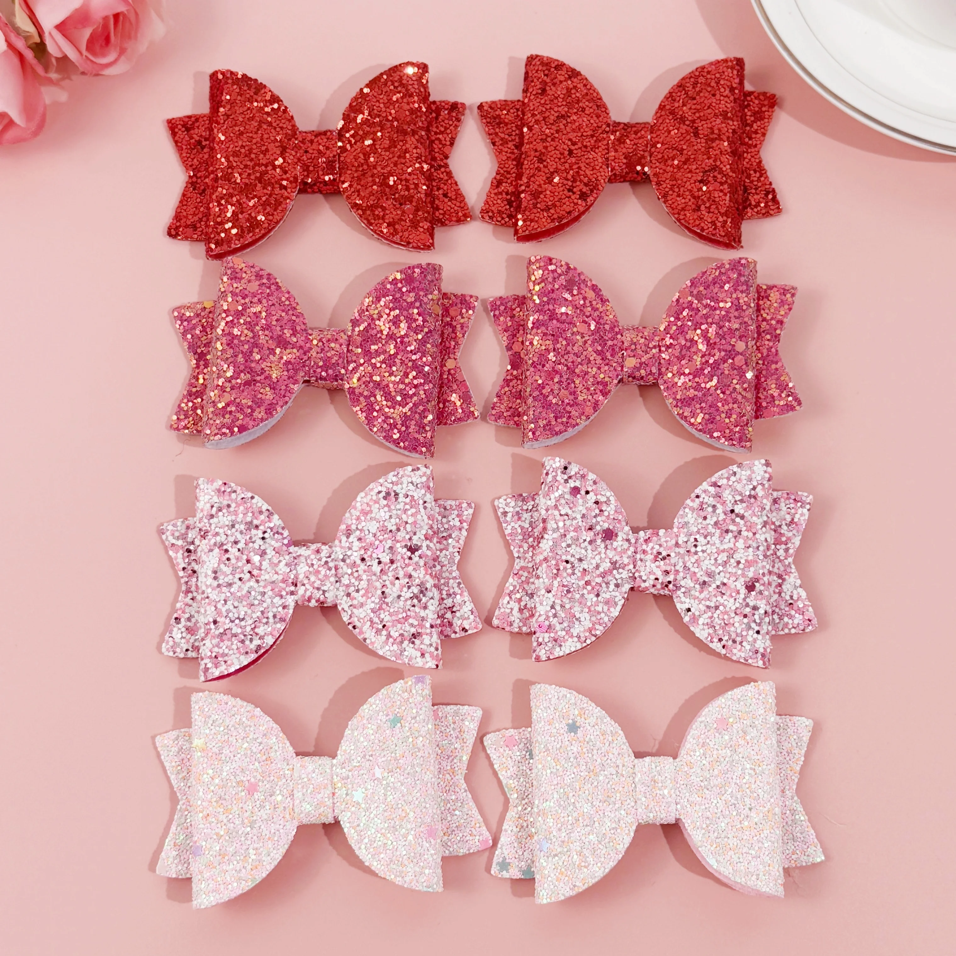 8/12pcs Sweet Glitter Hair Bows for Girls Valentine's Day Red Pink Hair Bows Clips Barrettes for Kids Party Hair Accessories