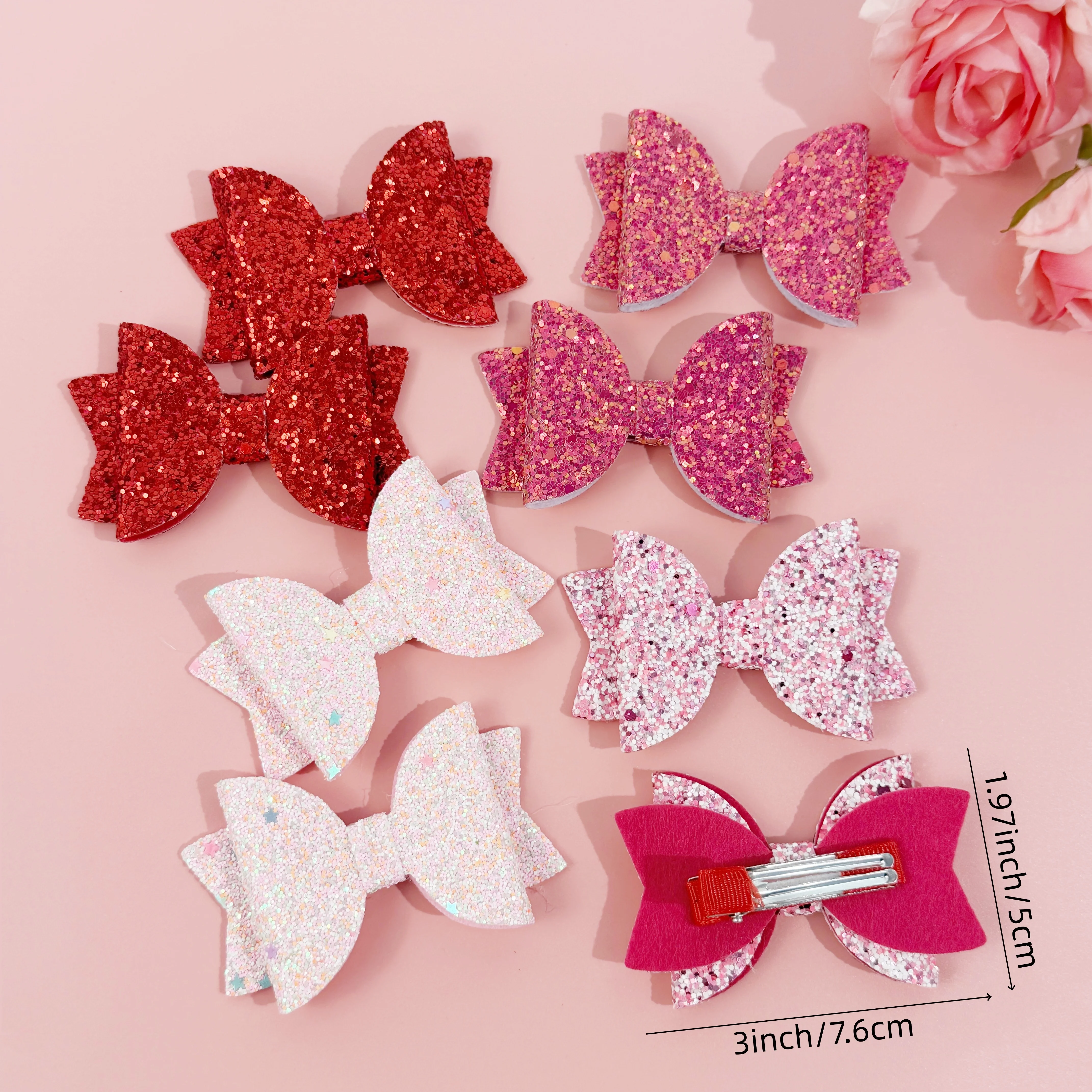 8/12pcs Sweet Glitter Hair Bows for Girls Valentine's Day Red Pink Hair Bows Clips Barrettes for Kids Party Hair Accessories