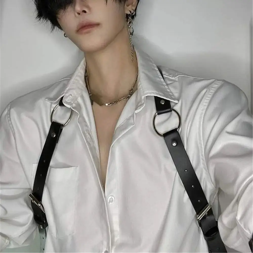 Cool Rock Men's Belt PU Leather Harness Abjustable Strap Costume Sexy Shoulder Belt Body Chest Chain Metal Ring Y2k Accessories