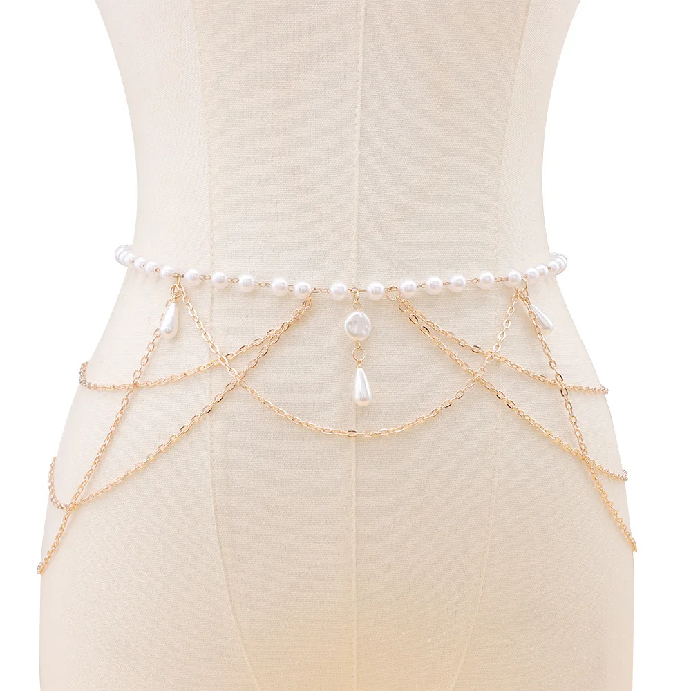 New Vintage Multi layer Chain Belt Fashion Versatile Womens Faux Pearl Tassel Waist Chain